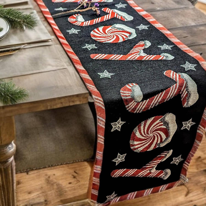 DaDa Bedding Peppermint Joy Red Black Holiday Tapestry Dining Table Runner (12904) - DaDa Bedding Collection
