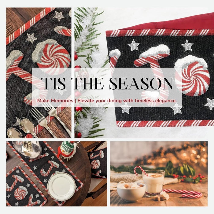 DaDa Bedding Peppermint Joy Red Black Holiday Tapestry Dining Table Runner (12904) - DaDa Bedding Collection