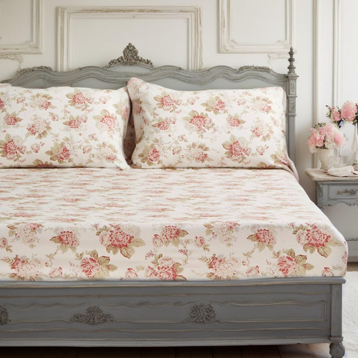 DaDa Bedding Hint of Mint Dainty Cottage Floral Roses Cotton Fitted Sheet w/ Pillow Case (3036) - DaDa Bedding Collection