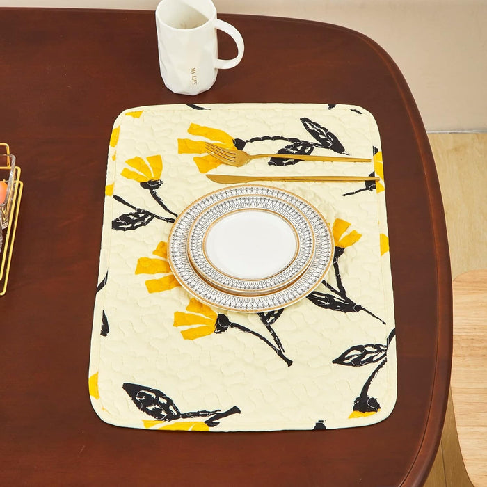 DaDa Bedding Botanical Floral Dining Table Placemats - Set of 4-Pieces Quilted Ivory with Yellow Fleur Golden Orange Spring Time Tulips - 13 x 19 - DaDa Bedding Collection