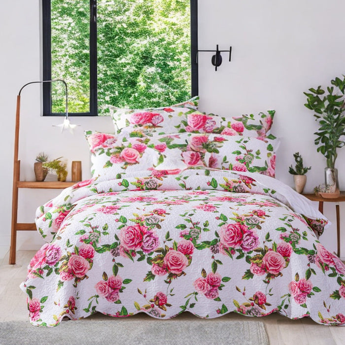 DaDa Bedding Romantic Roses Lovely Spring Pink Floral Quilted Scalloped Bedspread Set (JHW879) - DaDa Bedding Collection