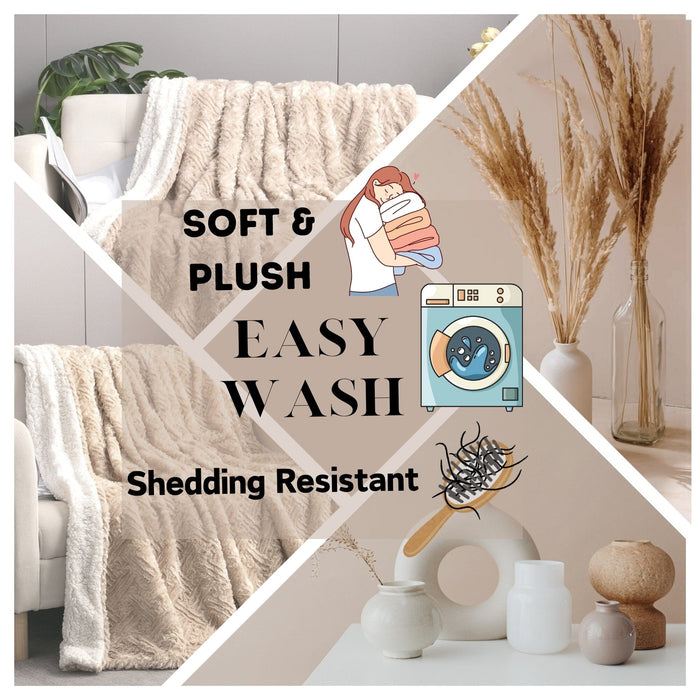 DaDalogy Bedding Champagne Ivory Faux Fur Throw Blanket - Dreamy Gold Geometric Embossed Sherpa Backside - Super Soft Warm Cozy Plush Fluffy - DaDa Bedding Collection