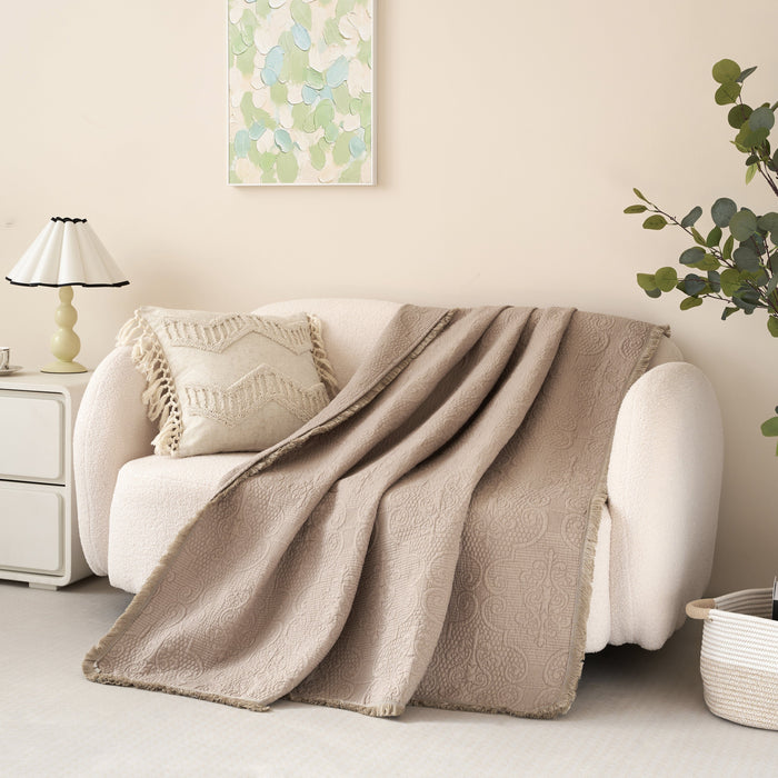 DaDa Bedding Elegant Fringed Cotton Quilted Throw Blanket - Luxurious Solid Soft Paisley Pattern, Cozy Lightweight Lap Throw, Perfect for Couch or Bed, Neutral Sandy Taupe Tan Beige, 50x60 Inches - DaDa Bedding Collection