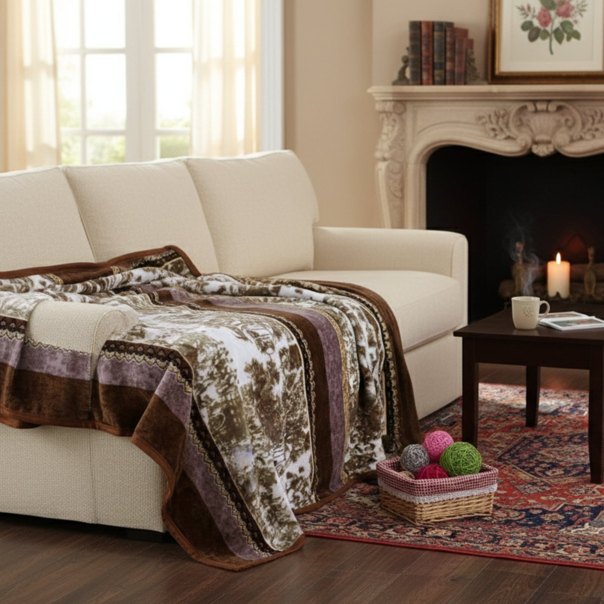 Cozy living room with a beige sofa, patterned flannel mink blanket, and a fireplace.