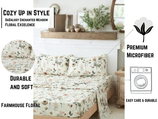 DaDalogy Enchanted Meadow Bed Sheet Set - Floral Harmony in Beige, Rose, and Soft Green, Premium Soft Microfiber, Machine Washable, Deep Pocket 14 - 15 Inches + Flat Sheet - DaDa Bedding Collection