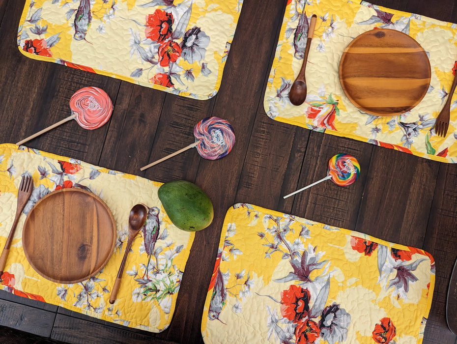 DaDa Bedding Radiant Sunshine Yellow Floral Dining Table Placemats - Set of 4-Pieces Quilted Hummingbirds Farmhouse Red Flowers - 13 x 19 - DaDa Bedding Collection