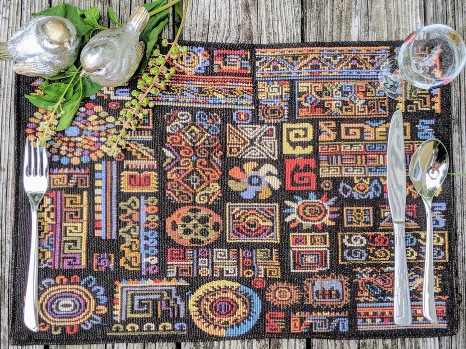 DaDa Bedding Set of 4-Pieces Ethnic Ornaments Geometric Black Tapestry Dining Placemats 13” x 19” (18118) - DaDa Bedding Collection