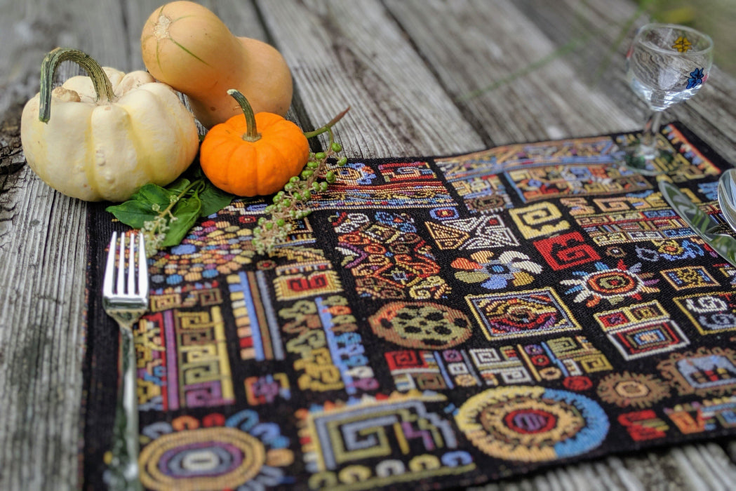 DaDa Bedding Set of 4-Pieces Ethnic Ornaments Geometric Black Tapestry Dining Placemats 13” x 19” (18118) - DaDa Bedding Collection