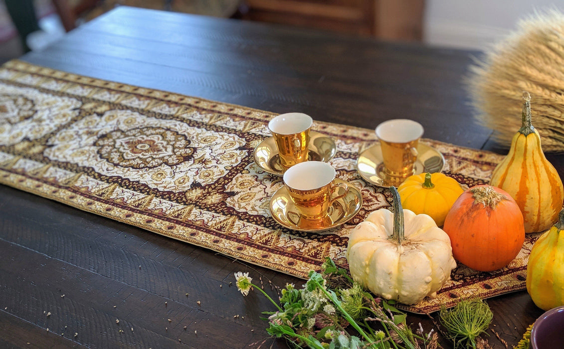 DaDa Bedding Golden Persian Style Rug Floral Brown Elegant Woven Tapestry Dining Table Runner (18119) - DaDa Bedding Collection