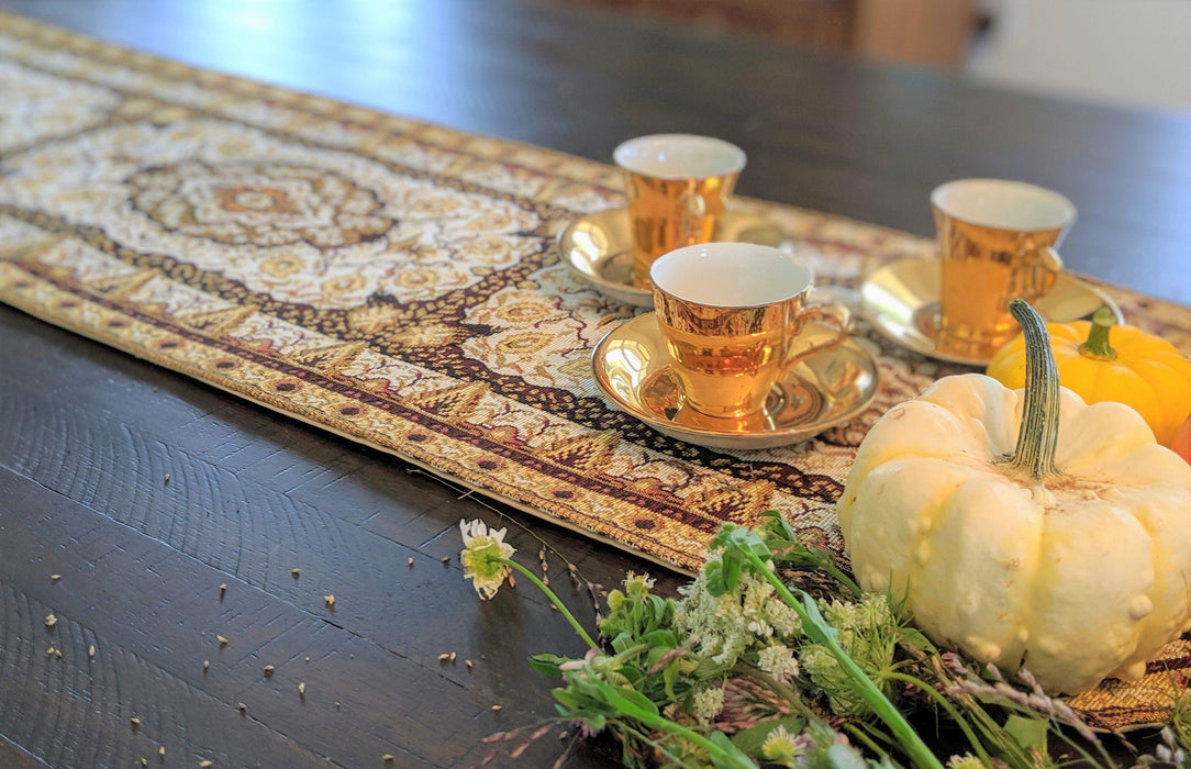DaDa Bedding Set of 8 Pieces Persian Style Rug Golden Floral Table Woven Tapestry - 4 Placemats, 2 Table Runners, 2 Throw Pillow Covers (18119) - DaDa Bedding Collection