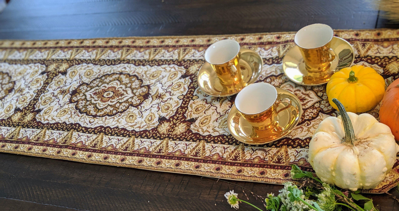 DaDa Bedding Set of 8 Pieces Persian Style Rug Golden Floral Table Woven Tapestry - 4 Placemats, 2 Table Runners, 2 Throw Pillow Covers (18119) - DaDa Bedding Collection
