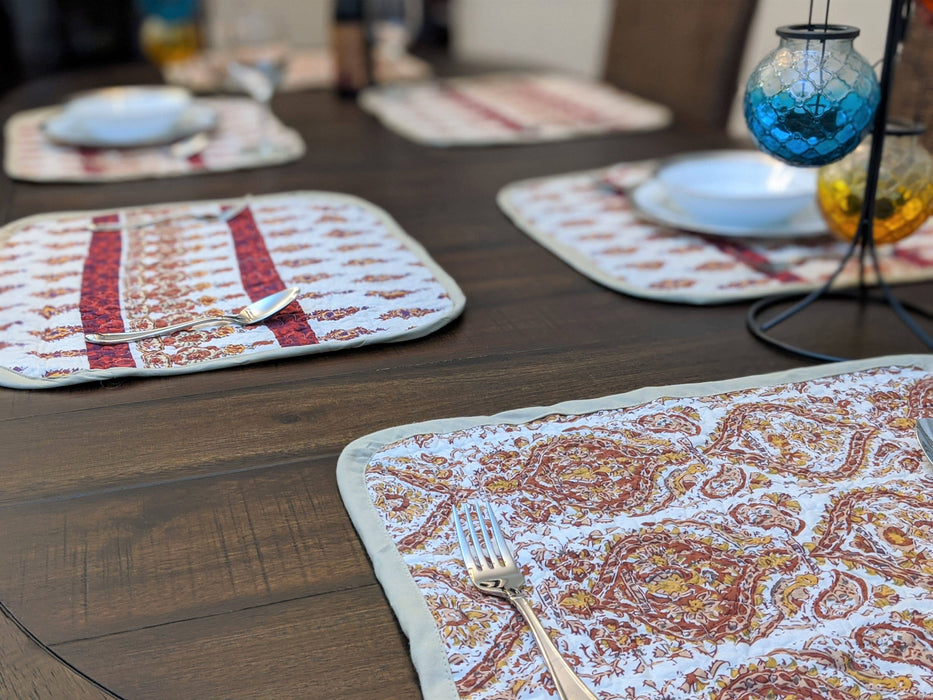 DaDa Bedding Set of 6-Pieces Hand-Made Placemats Cotton Bohemian Moroccan Tear Drop Rubies Paisley Floral Patchwork Table Mats (JHW653) - DaDa Bedding Collection