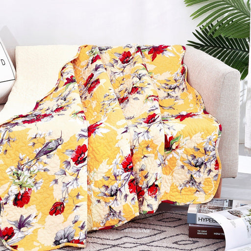 DaDa Bedding Yellow Floral Quilted Throw Blanket - Hummingbirds Farmhouse Red Flowers for Couch, Sofa or Bed- Scalloped Edges - 50 x 60 - DaDa Bedding Collection
