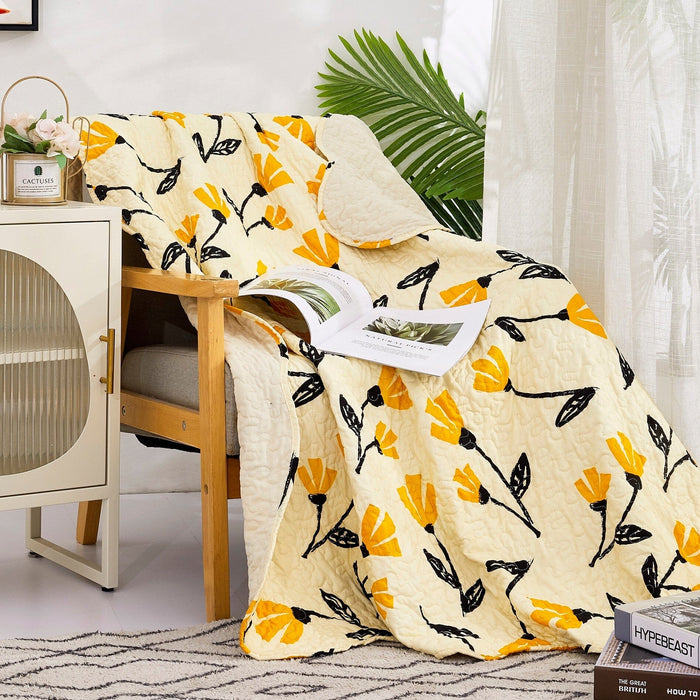 DaDa Bedding Botanical Floral Throw Blanket - Quilted Yellow Fleur Golden Orange Spring Time Tulips - Scalloped Edges Bright Vibrant Ivory Cream - 50 x 60 - DaDa Bedding Collection