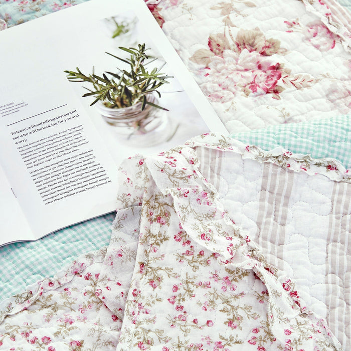 DaDa Bedding Cotton Cottage Floral Patchwork Quilted Throw Blanket - Reversible Hint of Mint - Ruffle Pastel Light Pink Blue/Green - 50 x 60 - DaDa Bedding Collection