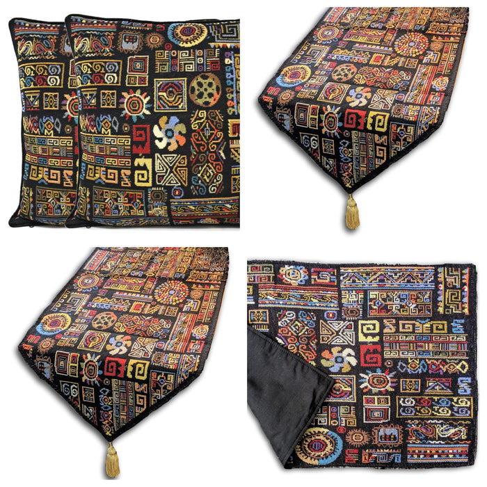 DaDa Bedding Set of 8 Pieces Ethnic Ornaments Table Woven Black Tapestry - 4 Placemats, 2 Table Runners, 2 Throw Pillow Covers (18118) - DaDa Bedding Collection