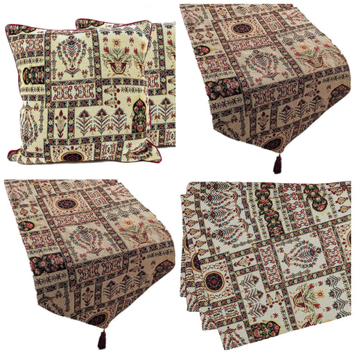 DaDa Bedding Set of 8 Pieces Light Botanical Mughal Floral Table Woven Tapestry - 4 Placemats, 2 Table Runners, 2 Throw Pillow Covers (18196) - DaDa Bedding Collection