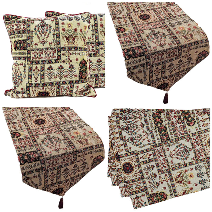 DaDa Bedding Set of 8 Pieces Light Botanical Mughal Floral Table Woven Tapestry - 4 Placemats, 2 Table Runners, 2 Throw Pillow Covers (18196) - DaDa Bedding Collection