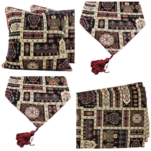 DaDa Bedding Set of 8 Pieces Dark Botanical Mughal Floral Table Woven Black Tapestry - 4 Placemats, 2 Table Runners, 2 Throw Pillow Covers (18197) - DaDa Bedding Collection
