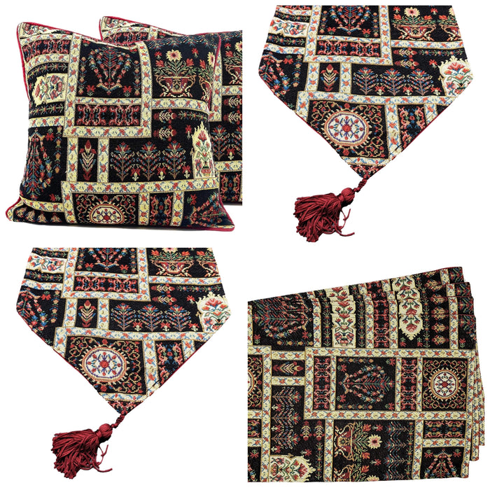 DaDa Bedding Set of 8 Pieces Dark Botanical Mughal Floral Table Woven Black Tapestry - 4 Placemats, 2 Table Runners, 2 Throw Pillow Covers (18197) - DaDa Bedding Collection