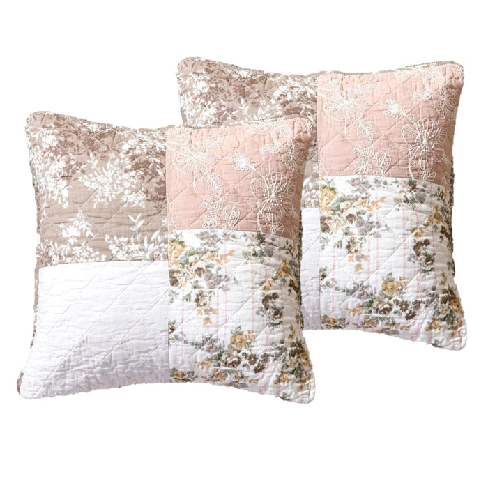 DaDa Bedding Set of 2-Pieces Vintage Patchwork Muted Dusty Rose Taupe & Tan Brown Floral Throw Pillow Covers, 18" x 18" - DaDa Bedding Collection
