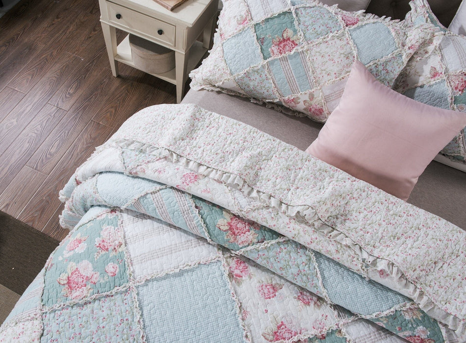 DaDalogy Bedding Bed in a Bag Bundle Set - Hint of Mint Cottage Floral Pastel Patchwork Bedspread Set (JHW3036) - DaDa Bedding Collection