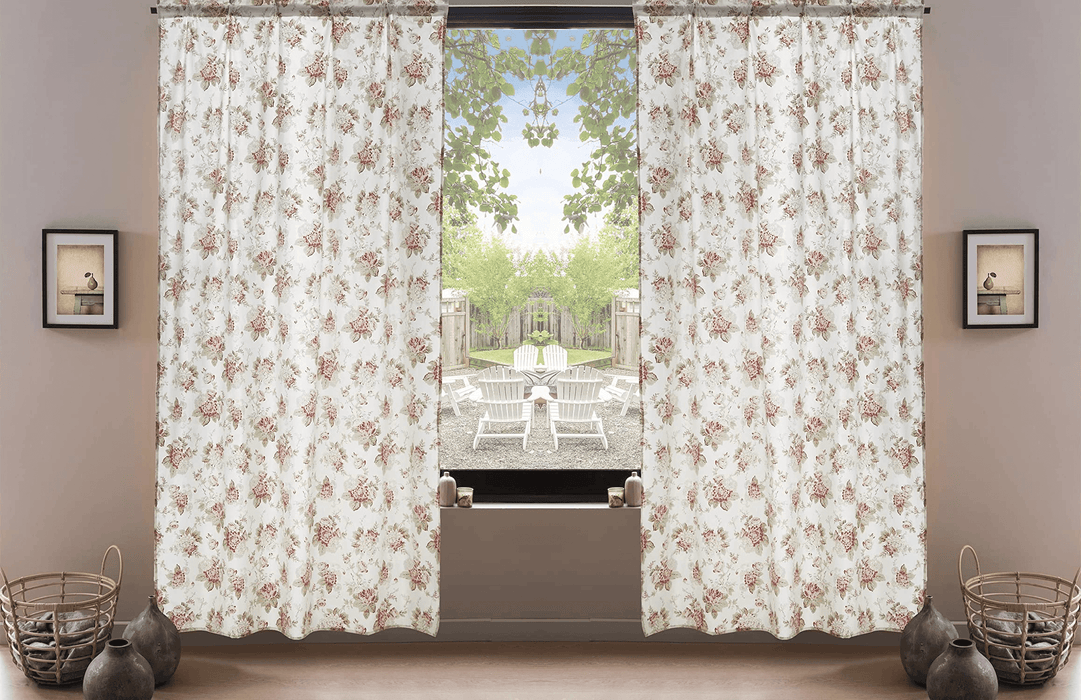 DaDa Bedding Set of 2-Pieces Hint of Mint Dainty Floral Pink Roses Cottage Sheer Window Panel Curtains (JHW3036) - DaDa Bedding Collection