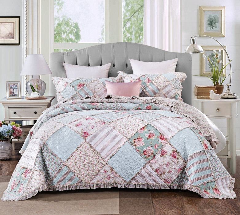 DaDalogy Bedding Bed in a Bag Bundle Set - Hint of Mint Cottage Floral Pastel Patchwork Bedspread Set (JHW3036) - DaDa Bedding Collection