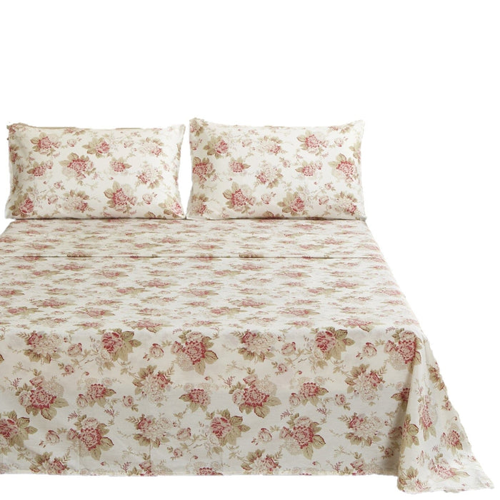 DaDa Bedding Hint of Mint Dainty Cottage Floral Roses Cotton Flat Sheet Only w/ Pillow Case (3036) - DaDa Bedding Collection