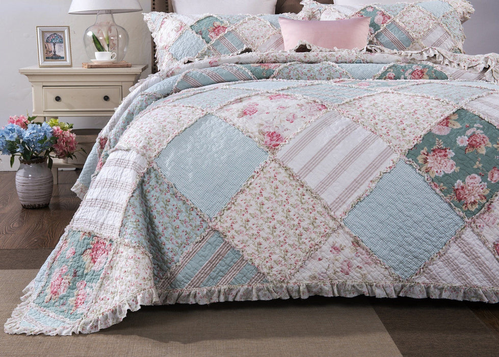 DaDalogy Bedding Bed in a Bag Bundle Set - Hint of Mint Cottage Floral Pastel Patchwork Bedspread Set (JHW3036) - DaDa Bedding Collection