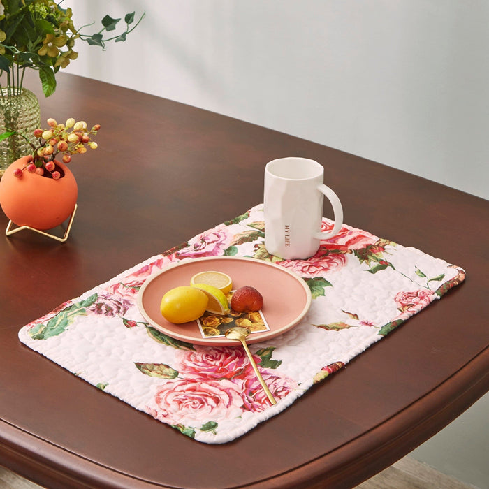 DaDa Bedding Set of 4-Pieces Romantic Roses Pink Floral Quilted Dining Placemats 13” x 19” (879) - DaDa Bedding Collection