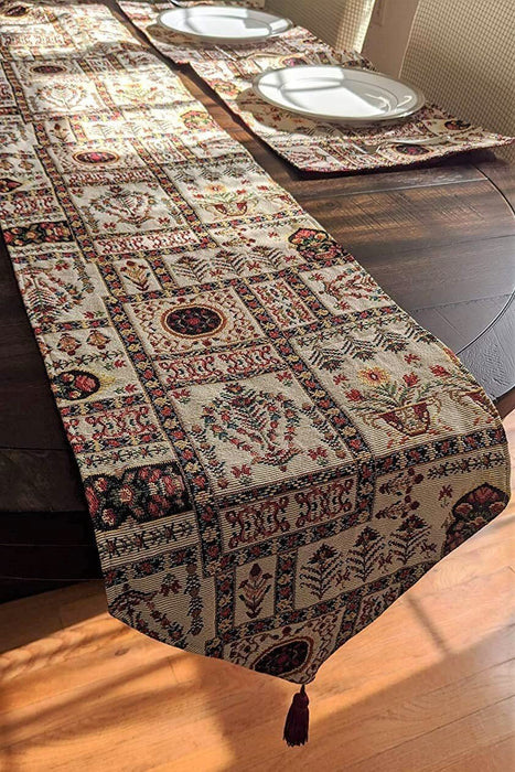 DaDalogy Bedding Cottage Mughal Floral Woven Tapestry Table Runner, Light Fleur White Botanical Vintage (18196) - DaDa Bedding Collection