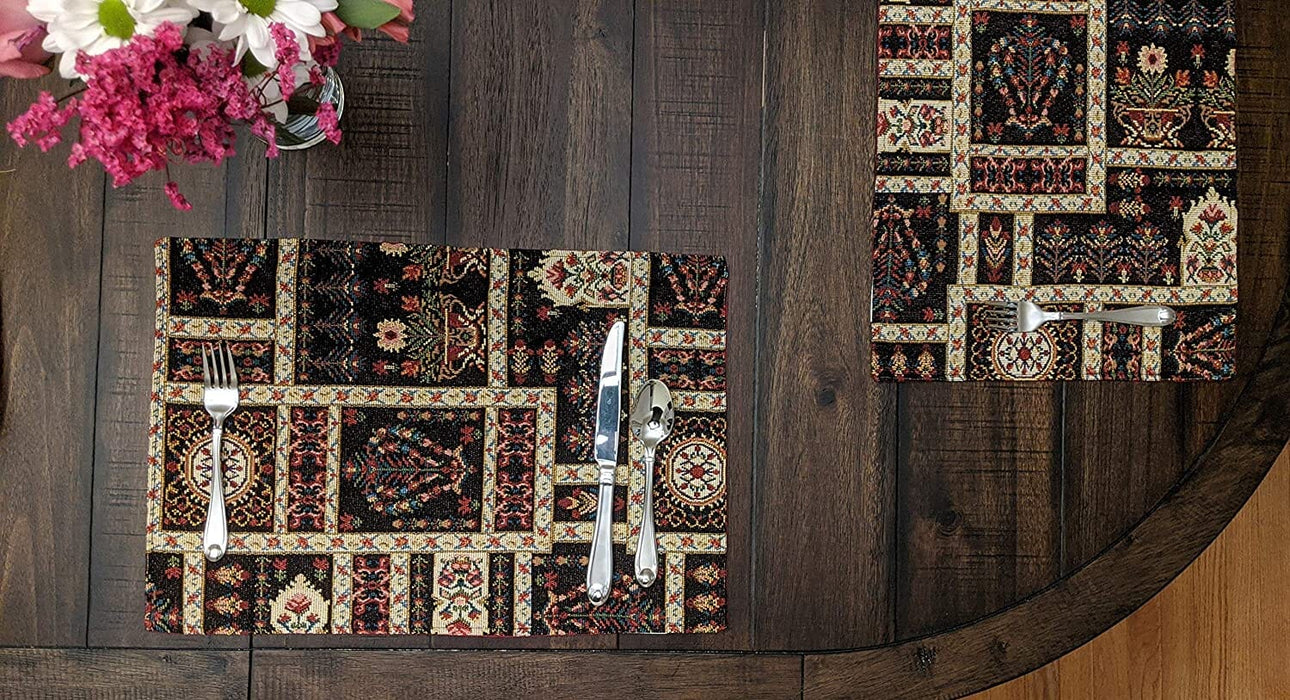DaDalogy Bedding Set of 4-Pieces Dark Noir Mughal Floral Botanical Vintage Fleur Tapestry Placemats 13” x 19” (18197) - DaDa Bedding Collection