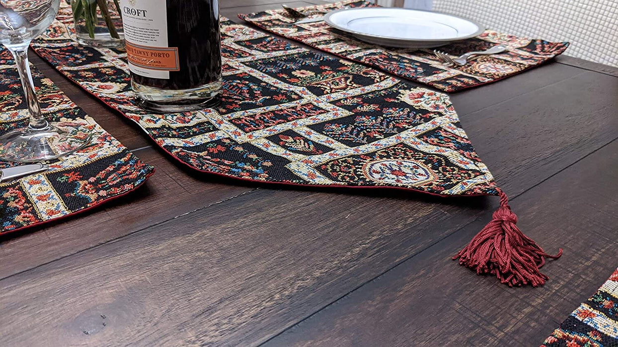 DaDalogy Bedding Elegant Woven Mughal Floral Tapestry Table Runner, Dark Noir Botanical Vintage Fleur (18197) - DaDa Bedding Collection
