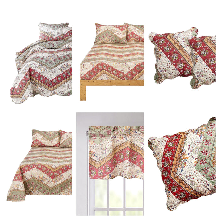 DaDa Bedding Rustic Bed in a Bag Bundle Set - Cranberry Sage Chevron Floral Bedding Set (JHW-924) - DaDa Bedding Collection