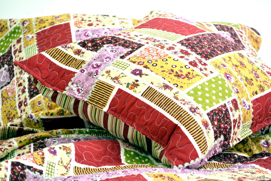 DaDa Bedding Cottage Red Floral Garden Scalloped Cotton Patchwork Quilted Bedspread Set (DXJ103269) - DaDa Bedding Collection