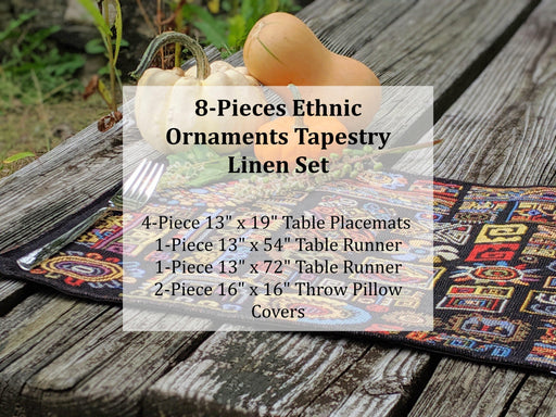 DaDa Bedding Set of 8 Pieces Ethnic Ornaments Table Woven Black Tapestry - 4 Placemats, 2 Table Runners, 2 Throw Pillow Covers (18118) - DaDa Bedding Collection
