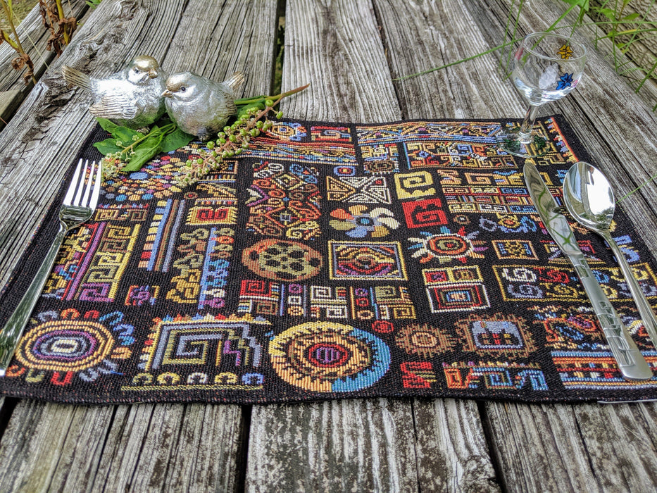 DaDa Bedding Set of 4-Pieces Ethnic Ornaments Geometric Black Tapestry Dining Placemats 13” x 19” (18118) - DaDa Bedding Collection
