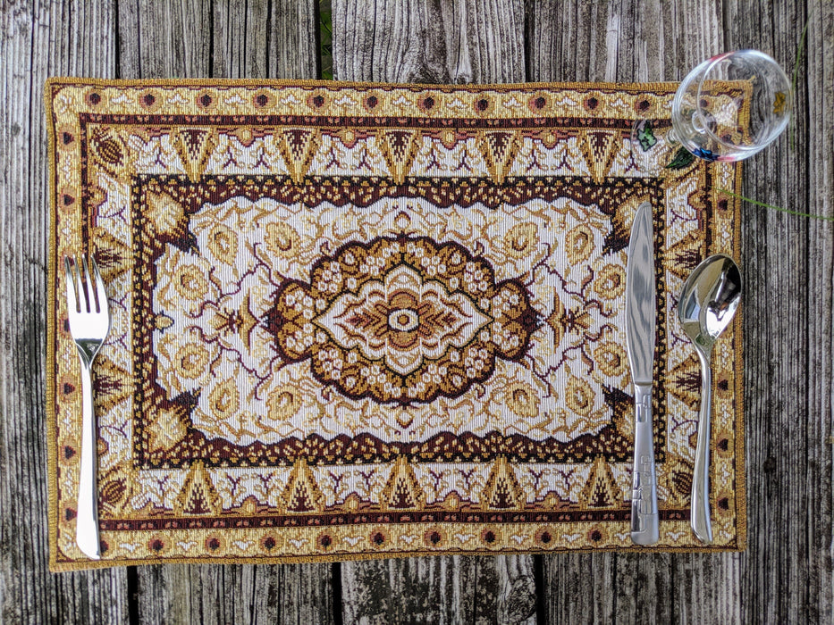 DaDa Bedding Set of 4-6 Pieces Royal Persian Style Rug Golden Brown Floral Tapestry Placemats 13” x 19” (18119) - DaDa Bedding Collection