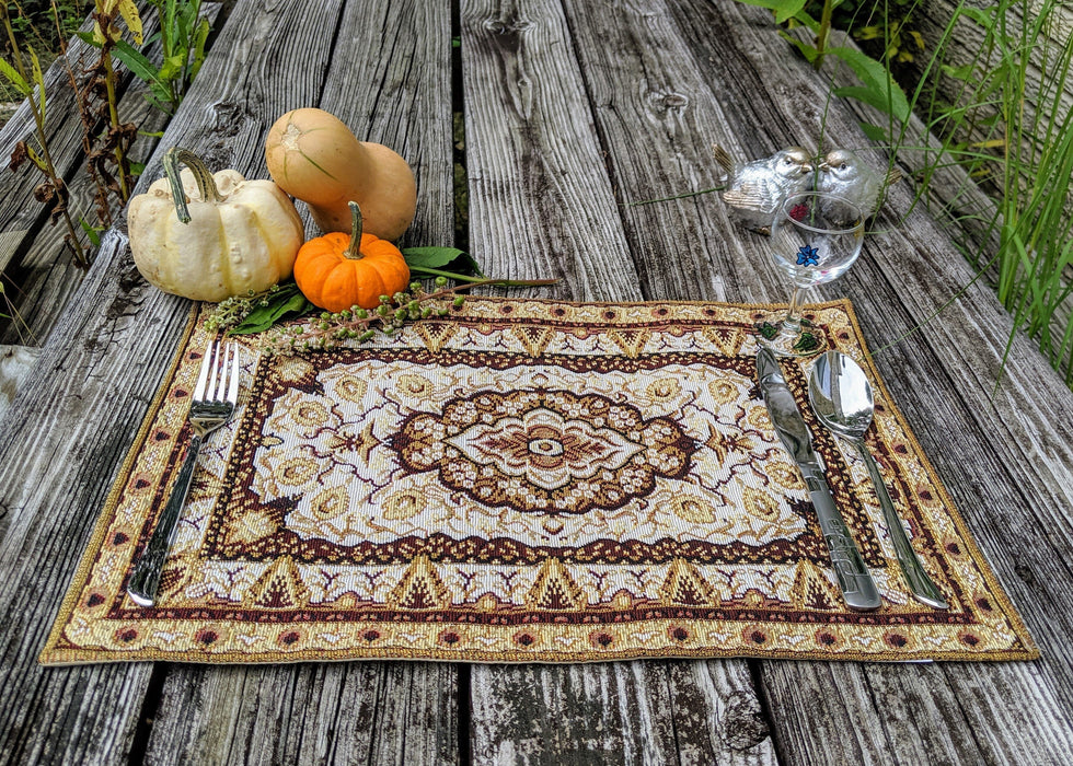 DaDa Bedding Set of 8 Pieces Persian Style Rug Golden Floral Table Woven Tapestry - 4 Placemats, 2 Table Runners, 2 Throw Pillow Covers (18119) - DaDa Bedding Collection