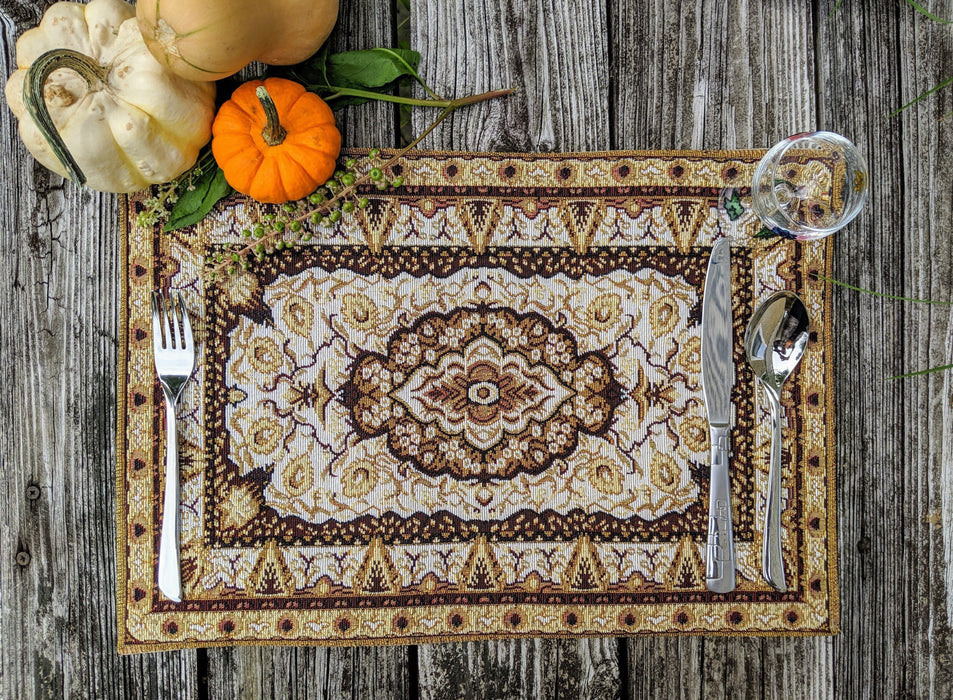 DaDa Bedding Set of 8 Pieces Persian Style Rug Golden Floral Table Woven Tapestry - 4 Placemats, 2 Table Runners, 2 Throw Pillow Covers (18119) - DaDa Bedding Collection