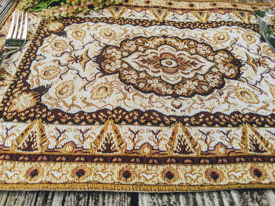 DaDa Bedding Set of 8 Pieces Persian Style Rug Golden Floral Table Woven Tapestry - 4 Placemats, 2 Table Runners, 2 Throw Pillow Covers (18119) - DaDa Bedding Collection