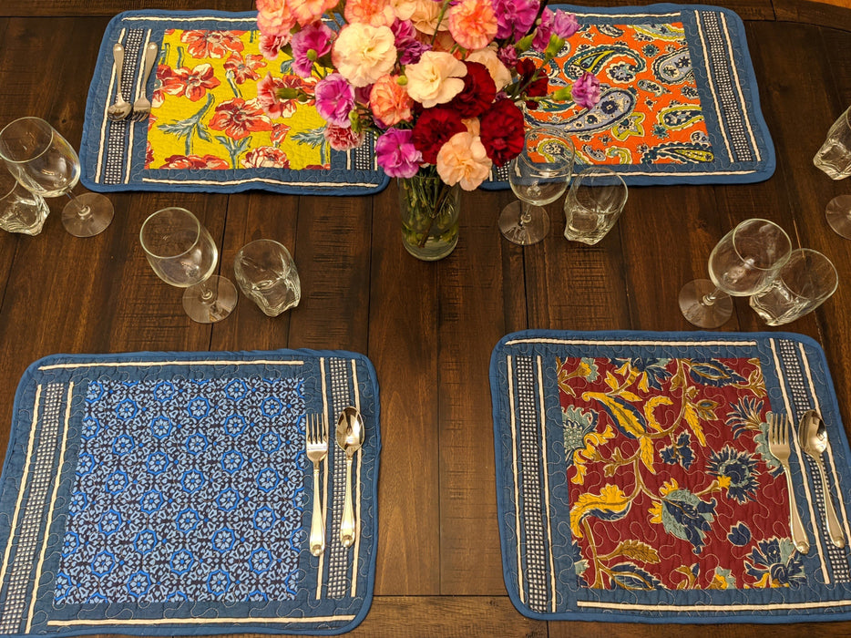 DaDa Bedding Set of 6-Pieces Hand-Made Placemats Cotton Bohemian Midnight Ocean Blue Patchwork Floral Table Mats (JHW-572) - DaDa Bedding Collection