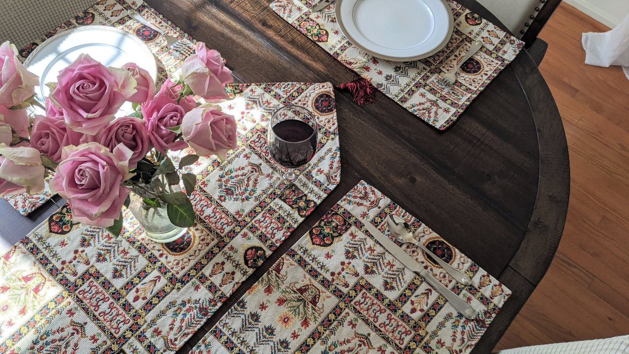 DaDalogy Bedding Cottage Mughal Floral Woven Tapestry Table Runner, Light Fleur White Botanical Vintage (18196) - DaDa Bedding Collection