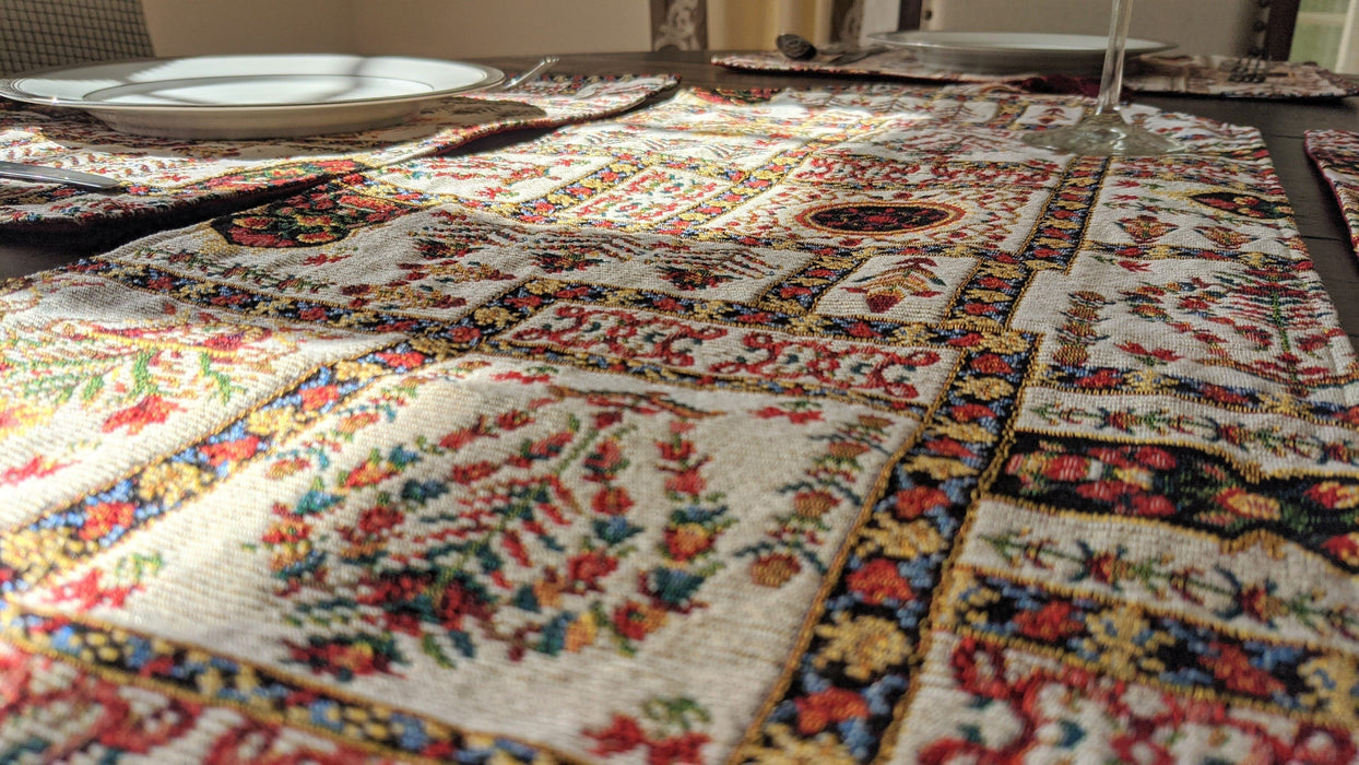DaDalogy Bedding Cottage Mughal Floral Woven Tapestry Table Runner, Light Fleur White Botanical Vintage (18196) - DaDa Bedding Collection