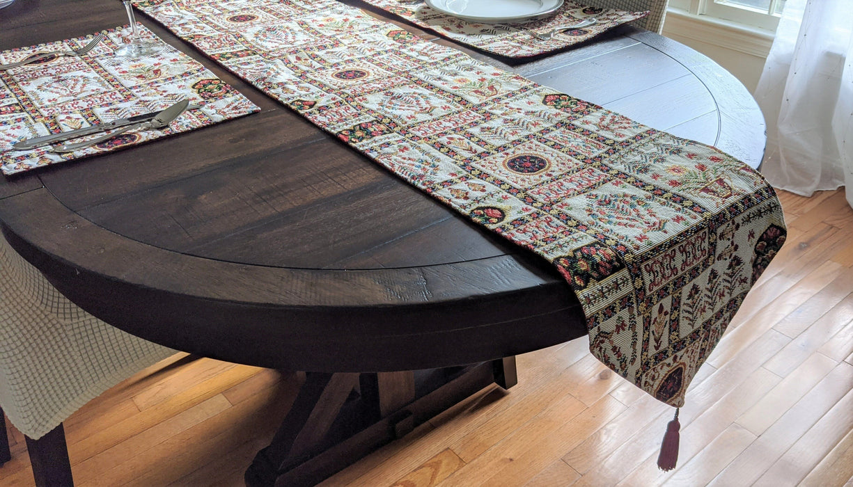 DaDalogy Bedding Cottage Mughal Floral Woven Tapestry Table Runner, Light Fleur White Botanical Vintage (18196) - DaDa Bedding Collection