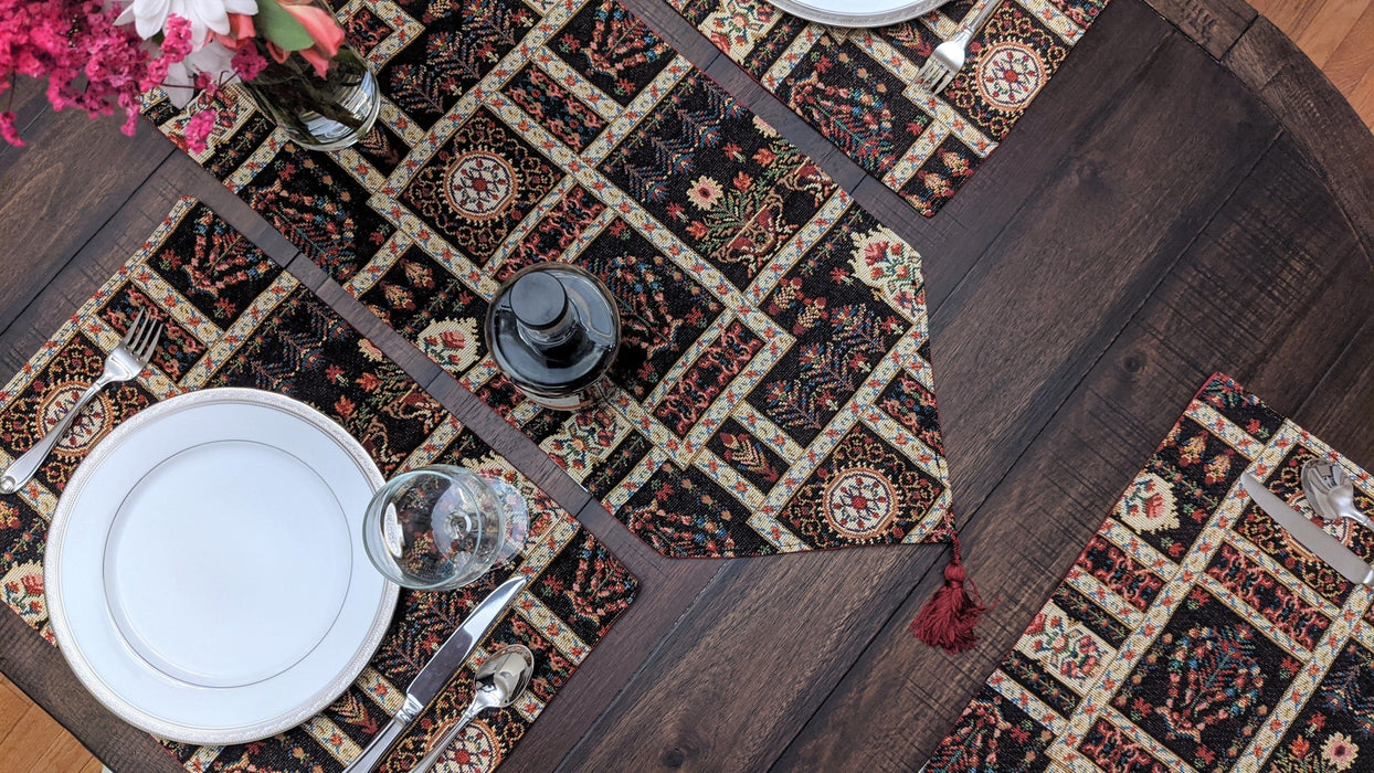 DaDalogy Bedding Elegant Woven Mughal Floral Tapestry Table Runner, Dark Noir Botanical Vintage Fleur (18197) - DaDa Bedding Collection