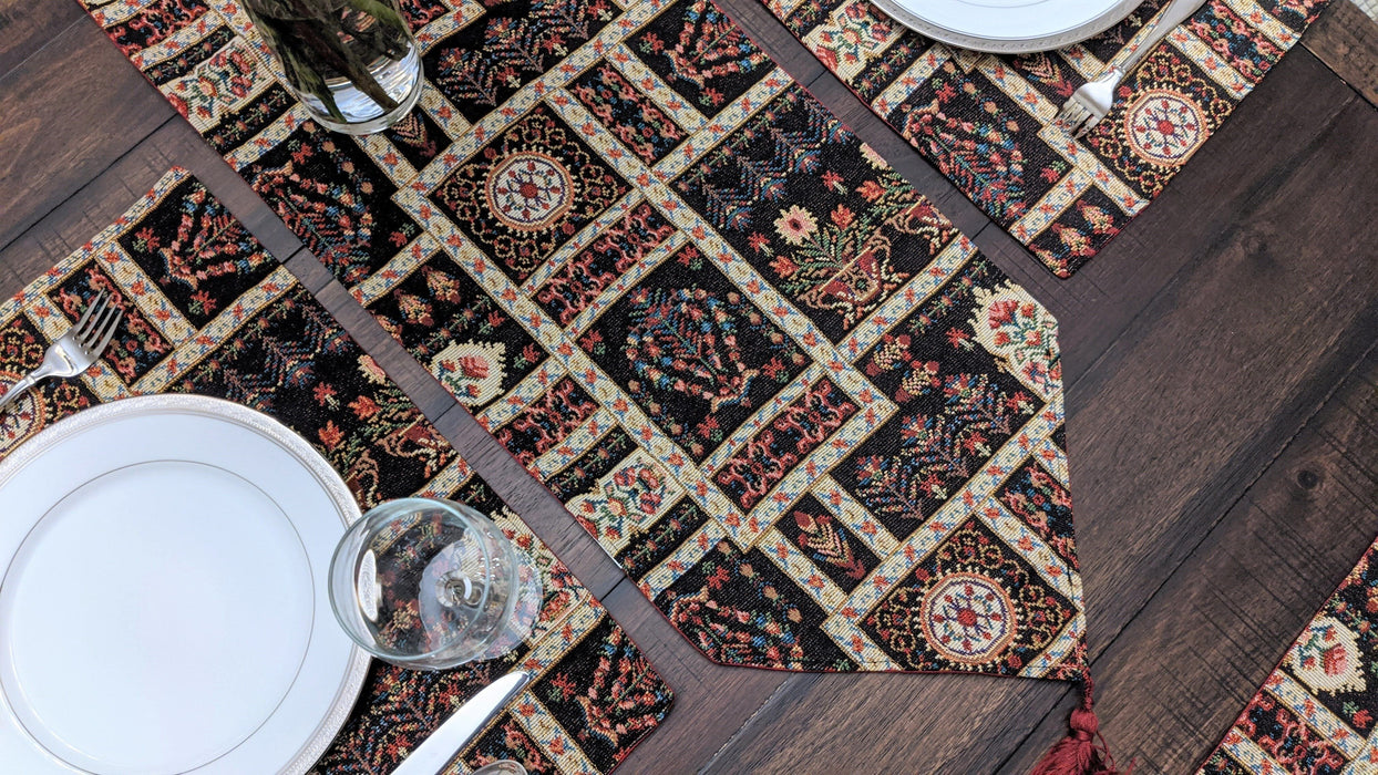 DaDalogy Bedding Elegant Woven Mughal Floral Tapestry Table Runner, Dark Noir Botanical Vintage Fleur (18197) - DaDa Bedding Collection