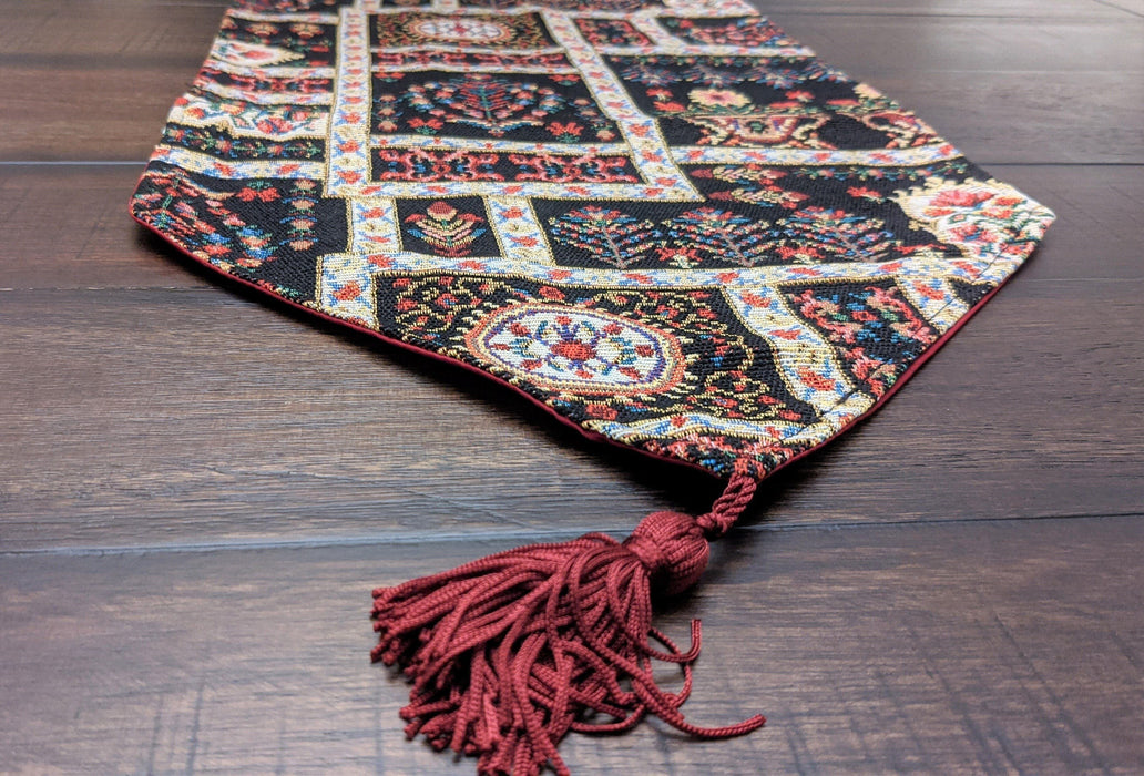 DaDalogy Bedding Elegant Woven Mughal Floral Tapestry Table Runner, Dark Noir Botanical Vintage Fleur (18197) - DaDa Bedding Collection