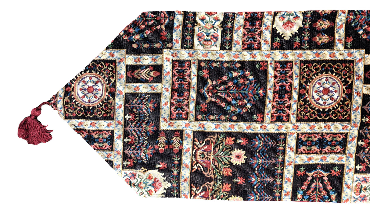DaDalogy Bedding Elegant Woven Mughal Floral Tapestry Table Runner, Dark Noir Botanical Vintage Fleur (18197) - DaDa Bedding Collection